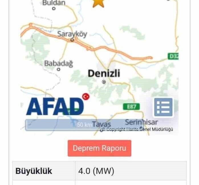Denizli’de merkez üssü Güney ilçesi olan 4.0 şiddetinde orta büyüklükte