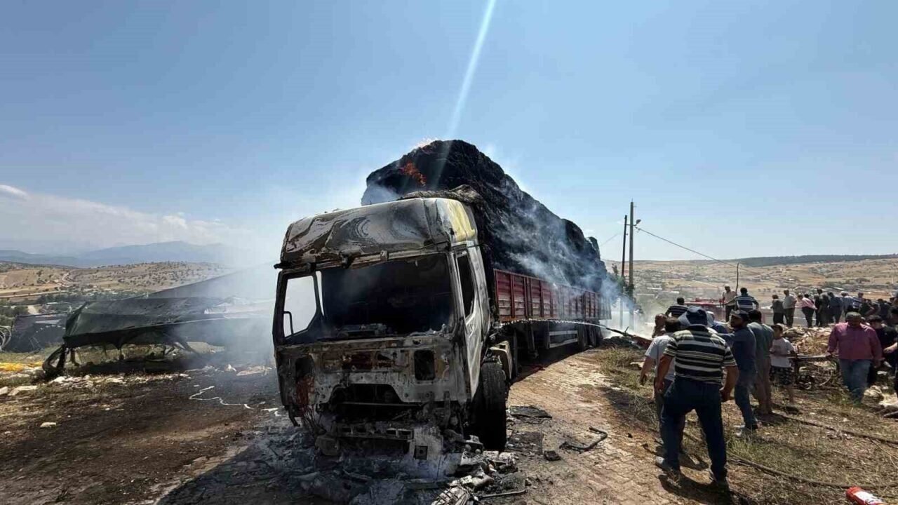 Antalya’da saman yüklü tır alev alev yandı