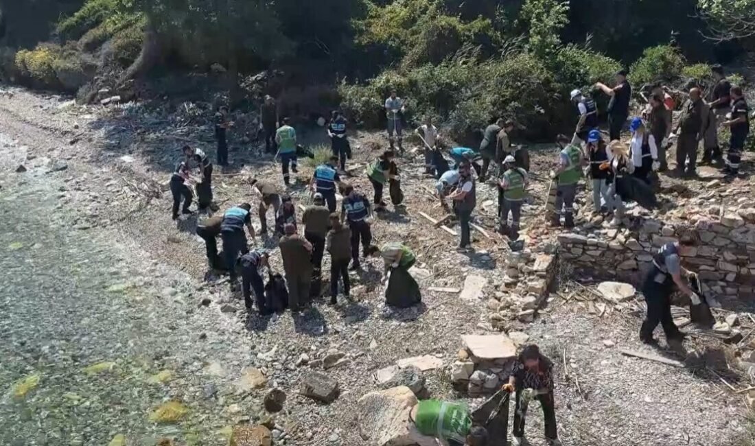 Aydın’ın Kuşadası ilçesinde bulunan Milli Park’ta kıyı temizliği gerçekleştirilirken, koyların